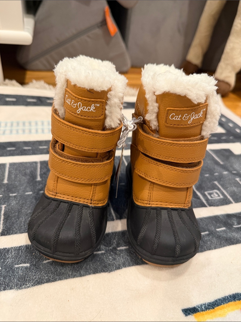 Cat & Jack Kids' Tan and Black Winter Duck Boots with White Fleece